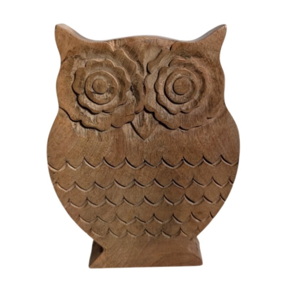 Decorative MCM Hand Carved Standing Hardwood Owl 9 5/8"Hx7 1/4"Wx1 1/2"D